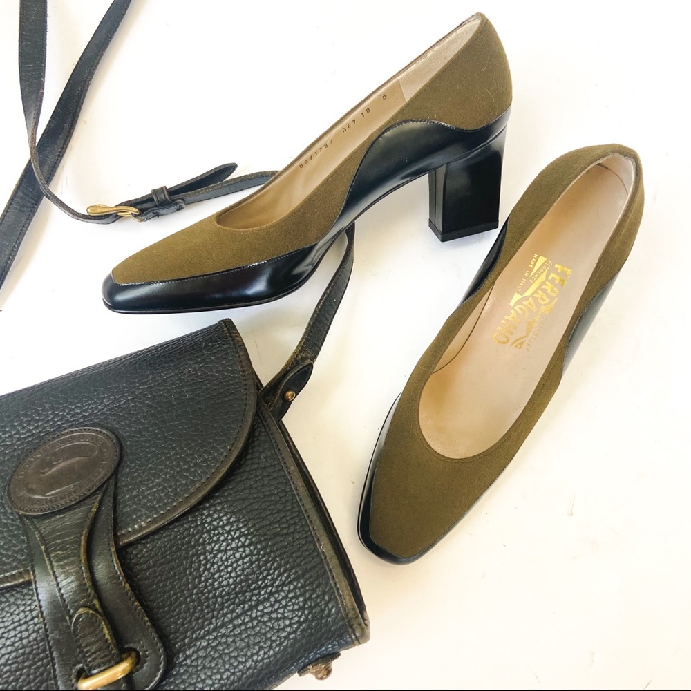 Ferragamo Anastasia Fabric Leather Pumps Size 10 B Green Black